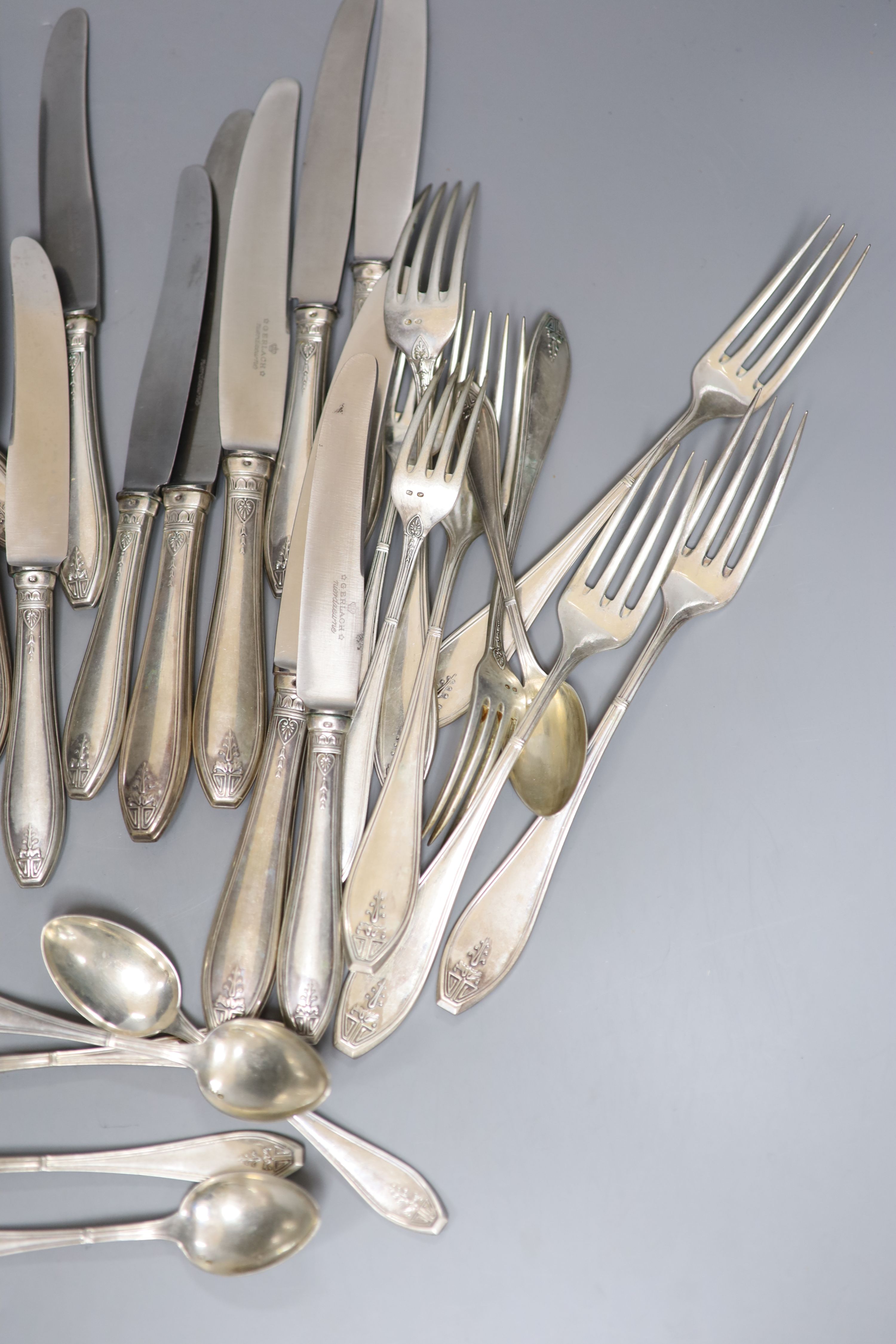 A mid 20th century part canteen of Polish 800 standard white metal cutlery for six, comprising thirty six items